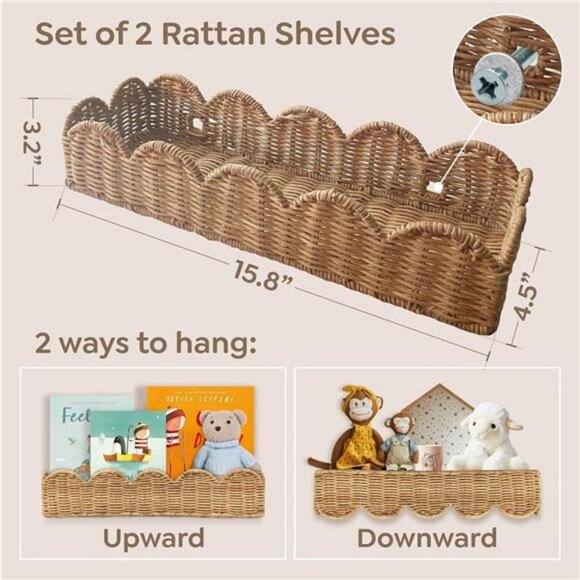 Set of 2 rattan nursery wall shelves wicker floating bookshelf kids room decor - Picture 3 of 7